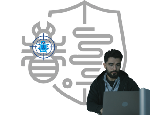 The picture is of a cyber security specialist stopping viruses