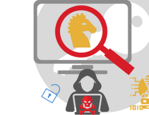 The picture showcases a hacker trying to use trojans, worms and spyware.