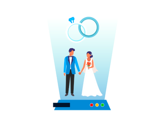 he picture shows a hologram of two people wedding to indicate the Wedding Industries