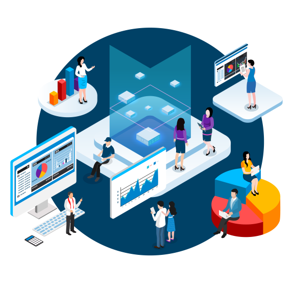 a graphic of peole utilizing all digital marketing types in the form of comprehensive marketing plans.