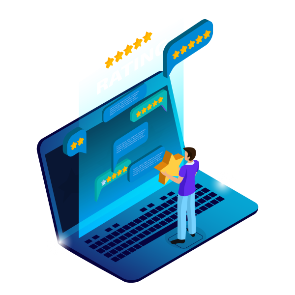 The picture features a man managing his reviews and engaging in reputation management as part of the evolve services