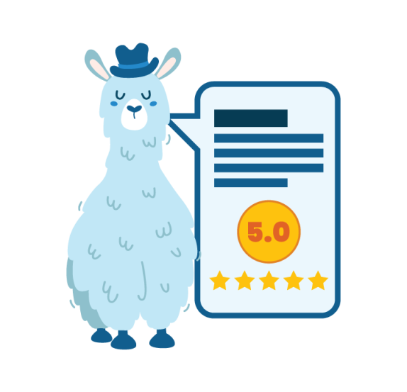 a llama with a mobile phone that features reviews with a 6 star review