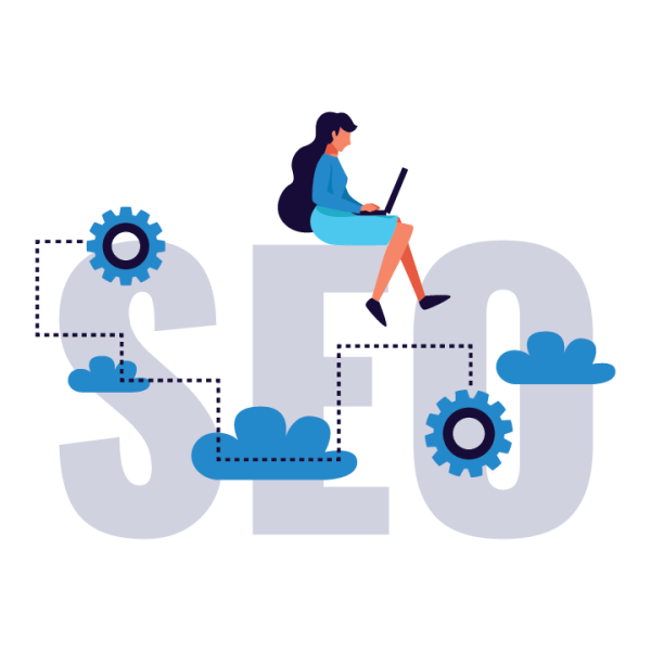 a woman sitting on the word SEO