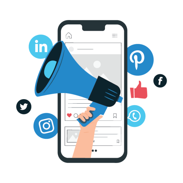 the picture of a phone with social media brands coming out to denote social marketing