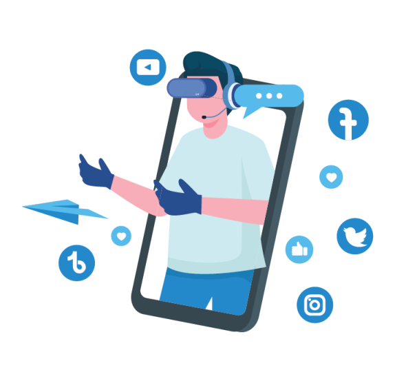 a man with virtual glasses coming out a smartphone looking up all social media to ndenote social media advertisement plans