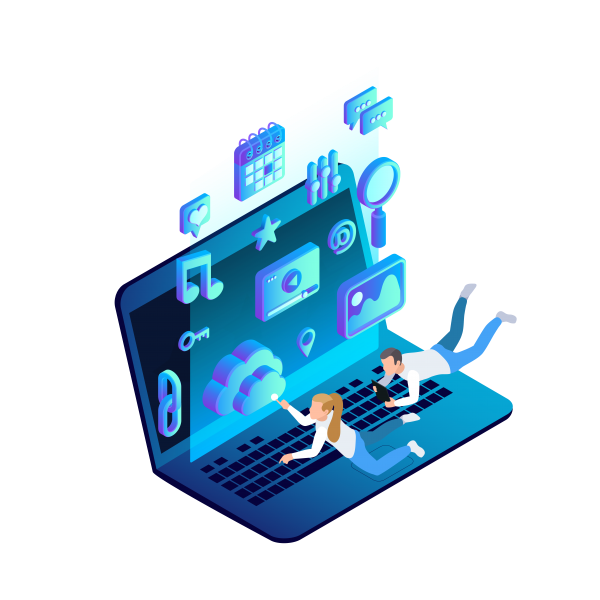 The pictures depicts two people creating a website with the explore services website creation package